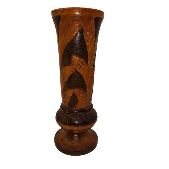 Vintage Hand Carved Wooden Vase Bohemian Mid-century Modern 8" Two-tone - Picture 5 of 16